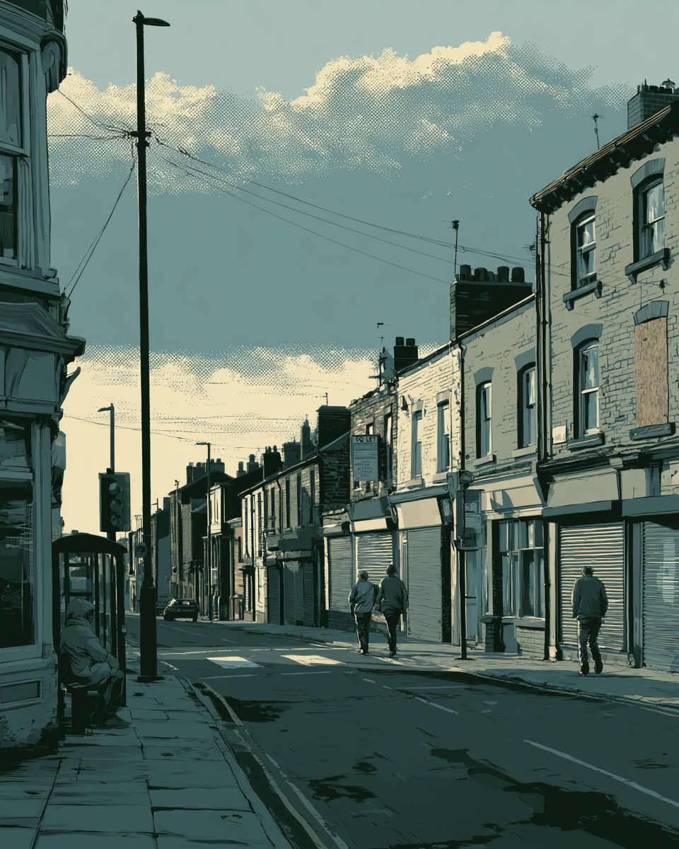Illustrated postcard — The High Street, 2036, mild-negative