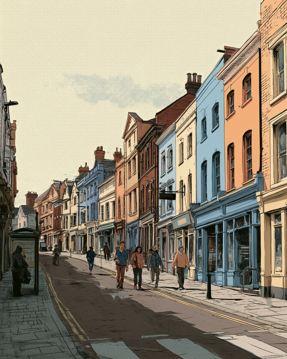 Illustrated postcard — The High Street, 2036, mild-positive