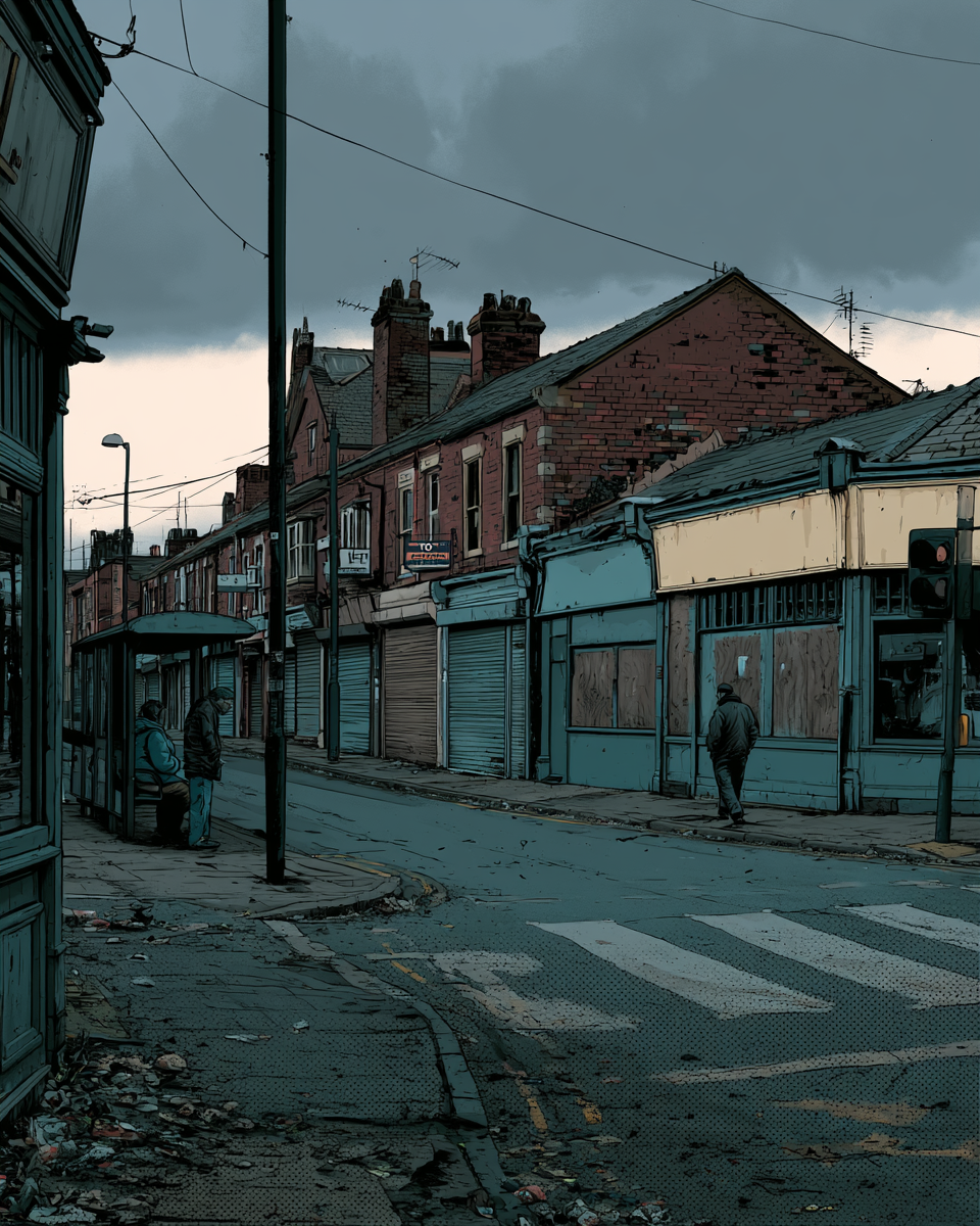 Illustrated postcard — The High Street, 2036, strong-negative