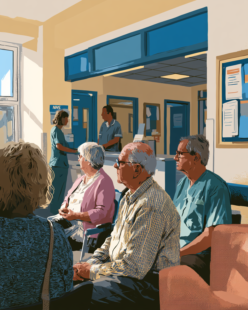 Illustrated postcard — The NHS, 2036, mild-positive