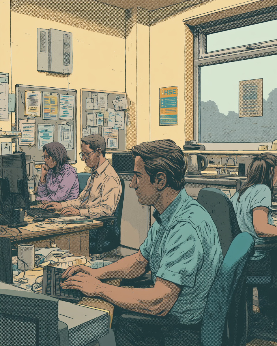 Illustrated postcard — The Workplace, 2036, flat