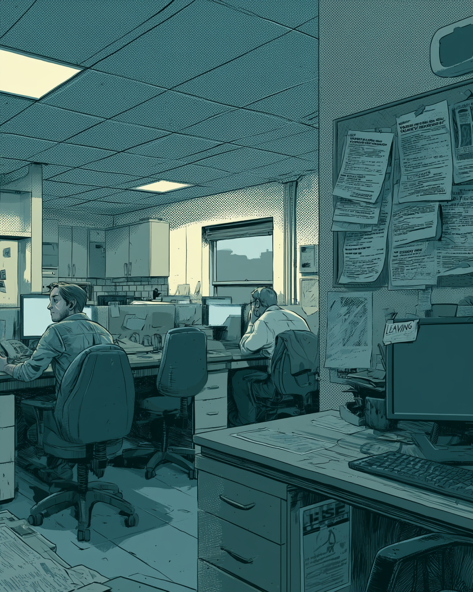Illustrated postcard — The Workplace, 2036, strong-negative